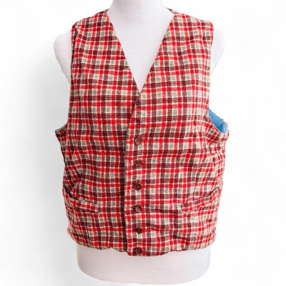 Red Plaid Button-Up Vest
